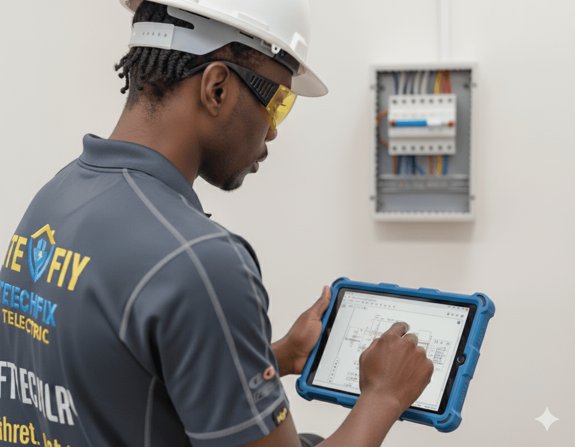 TechFix electrician working on a commercial project in Birmingham