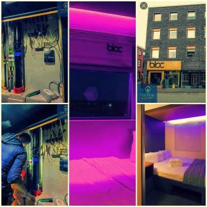 Before and after of lighting installation at Bloc Hotel