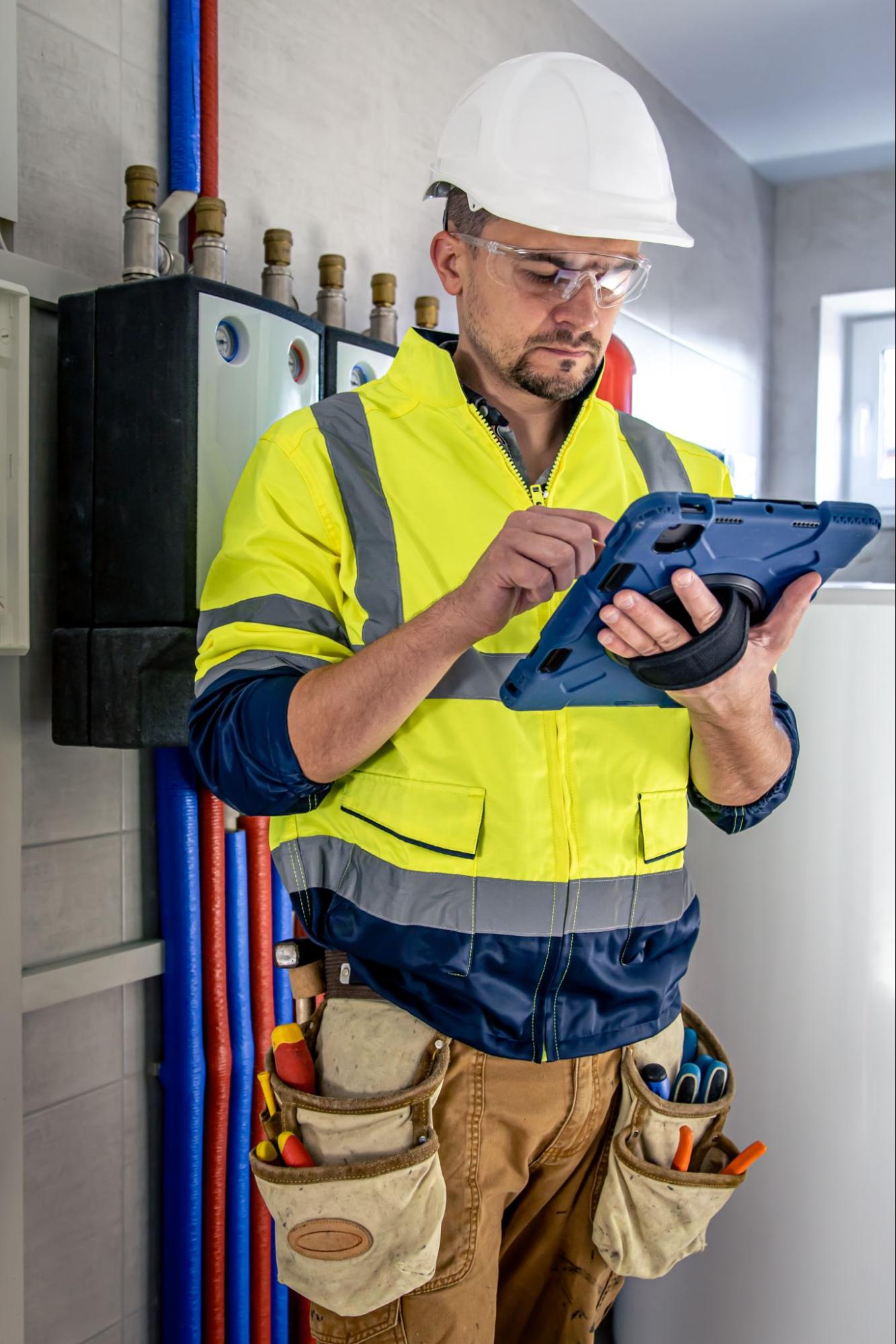 an electrical technician working in a switchboard with fuses uses a tablet