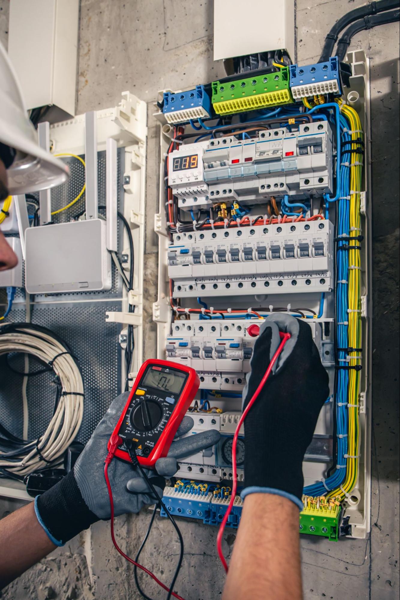 an electrical technician working in a switchboard with fuses